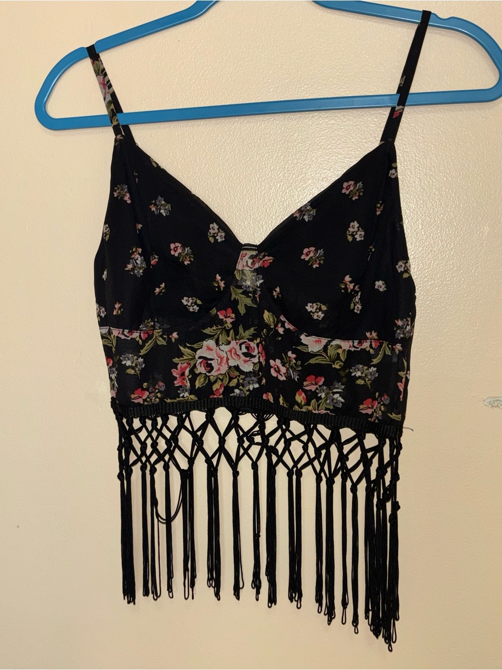 Weavers Black Floral Fringe Crop Cami